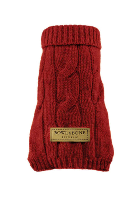 Bowl & Bone Aspen Wool- Mix Cable Knit Dog Sweater - Red