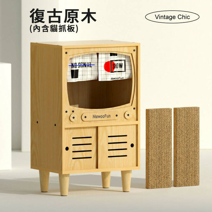 MewooFu - Wooden Cat TV House│Sturdy Design│Storage│Scratching Board│Wood Color - Parallel Import